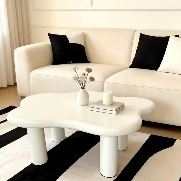 English Elm 40-inch Cloud Shaped Coffee Table Sculptural Mdf Top with Tapered Legs for Living Rooms White W3935S00003