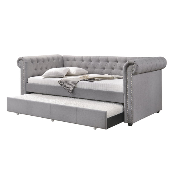 English Elm Justice Smoke Gray Chesterfield Daybed w/Trundle Twin, Button-Tufted Upholstered Frame, Nailhead Trim B2726S00324
