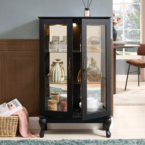 English Elm Curio Cabinet with Lighted Tempered Glass, Mirrored Back, Adjustable Shelves, Vintage Handle — Black W2275P389705