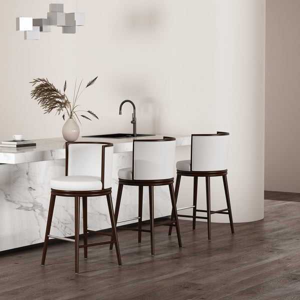 English Elm Evalyn Commercial White Leatherette Barstool with Beech Wood Legs, Foam-Padded Seat & Steel Footrest B365P398035