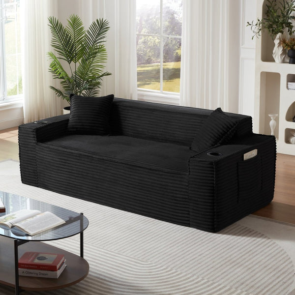 English Elm 3seater Corduroy Cloud Sofa Pocket Spring Cushioned Seat for Apartments and Office Lounges Black W3396P434764
