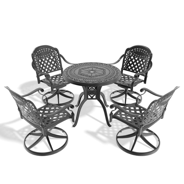 English Elm 5-Piece All-Weather Cast Aluminum Dining Set With 4 Swivel Chairs & Round Table For Outdoor Relaxation W1710S00298