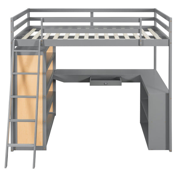 English Elm Full Size Loft Bed with Desk Shelves Writeable Board Pine Frame Gray Finish LT100226AAE-1