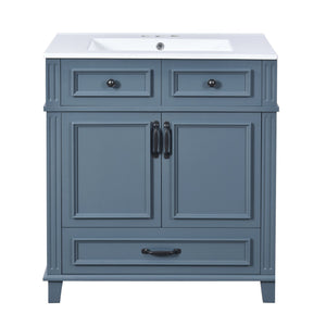 English Elm 30'' Bathroom Vanity with Sink - Retro Solid Wood Frame, Ceramic Basin, Soft-Close Doors & Ample Storage Blue N710P190656C