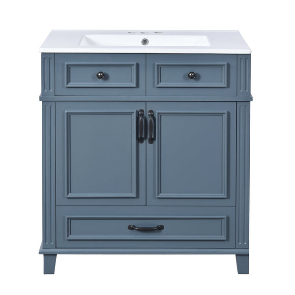 English Elm 30'' Bathroom Vanity with Sink - Retro Solid Wood Frame, Ceramic Basin, Soft-Close Doors & Ample Storage Blue N710P190656C