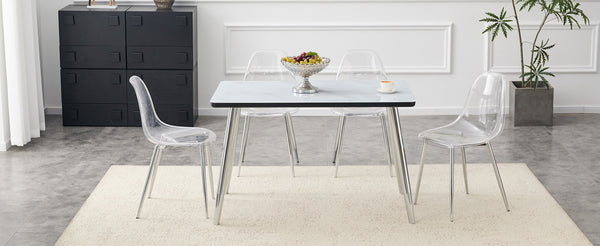 English Elm Table and Chair Set with Marble Glass Top Silver Legs Four Transparent Seats W1151S04648