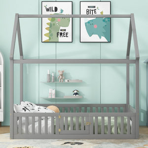 English Elm Full Size Pine House Bed with Pitched Roof Fence and Door for Kids Playroom WF531502AAE