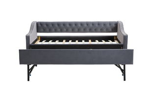 English Elm Twin Velvet Daybed with Pull Out Trundle Tufted Back Usb Port and Side Pockets Grey W1361S00036