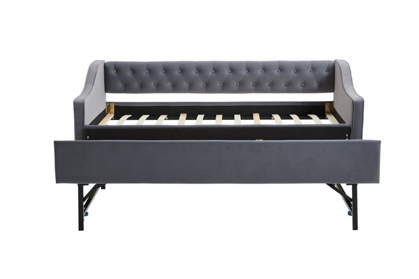 English Elm Twin Velvet Daybed with Pull Out Trundle Tufted Back Usb Port and Side Pockets Grey W1361S00036