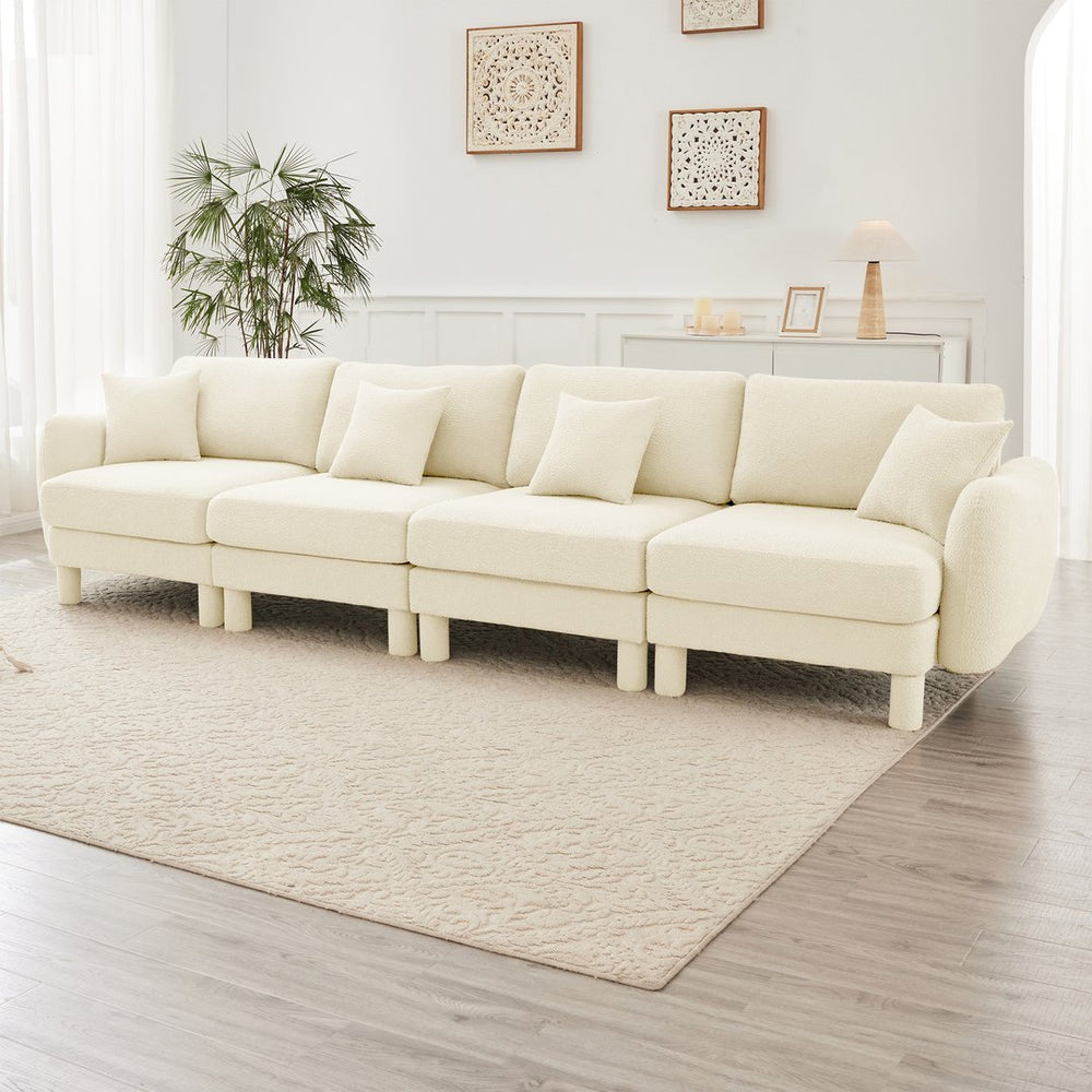 English Elm Boucle 4-Seater Sofa In Beige - Elegant Shell Armrests & Cylindrical Legs For Modern Living Spaces W3041S00279