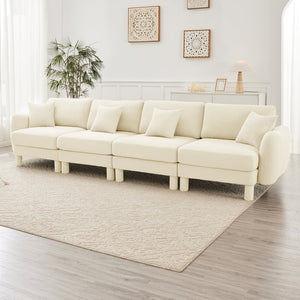 English Elm Boucle 4-Seater Sofa In Beige - Elegant Shell Armrests & Cylindrical Legs For Modern Living Spaces W3041S00279