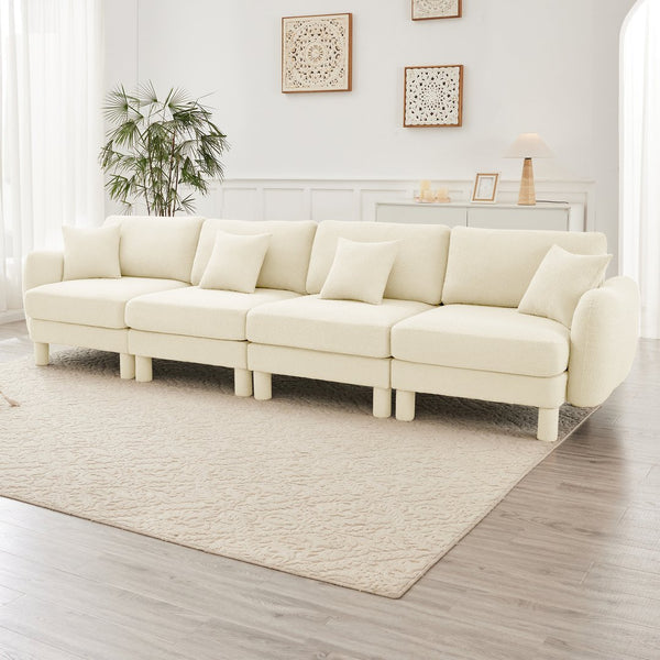 English Elm Boucle 4-Seater Sofa In Beige - Elegant Shell Armrests & Cylindrical Legs For Modern Living Spaces W3041S00279