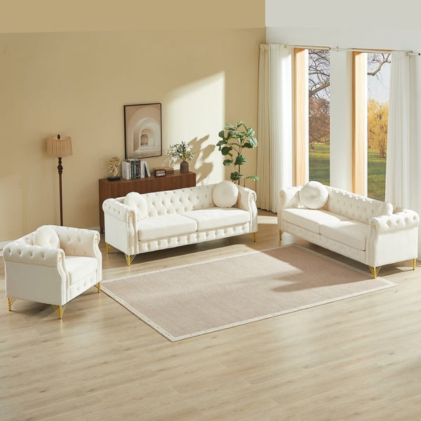 English Elm Velvet Chesterfield Tufted Sofa with Copper Stud Trim and Gold Legs for Glam Living Beige W834S00632