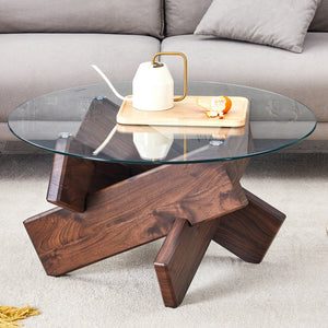 English Elm Round glass coffee table with tempered clear top, walnut MDF legs, adjustable anti-slip feet, modern centerpiece W1151P230572