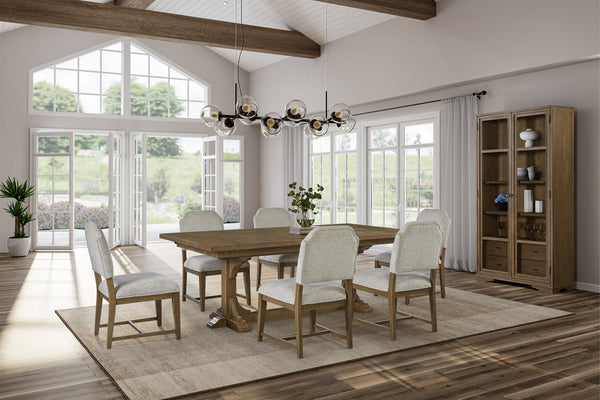 English Elm Trestle Solid Wood Dining Table with Hickory Geometric Veneer Top, Extends 84" to 114" with Leaves Almond 69 L x 27.5 W x 10.5 H B2699S00090