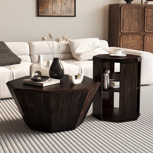 English Elm 31.5 Octagonal Black Rubber Wood Coffee Tables Set of Two – Stylish Living Room Accent, 110lb Capacity Walnut W757P203140