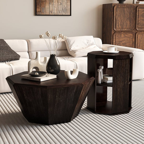 English Elm 31.5 Octagonal Black Rubber Wood Coffee Tables Set of Two – Stylish Living Room Accent, 110lb Capacity Walnut W757P203140