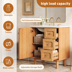 English Elm 30 Inch Bathroom Vanity with Ceramic Sink, Grey Farmhouse Cabinet w/3 Soft-Close Drawers & Storage N710P333972P