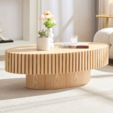 English Elm Modern Handcraft Drum Coffee Table Length 43.7 Inch Ellipse Coffee Table For Living Room,Oval Small Coffee Table With Sturdy Pedestal,Natural Ash Mdf