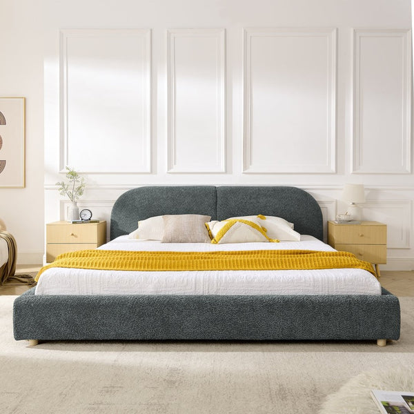 English Elm King Platform Bed Fully Upholstered in Plush Chenille with Low Profile Modern Frame Dark Gray W487S00474