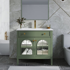 English Elm 35.6" Freestanding Bathroom Vanity with Roman Column Base and Ceramic Integrated Sink Green W1801S00014
