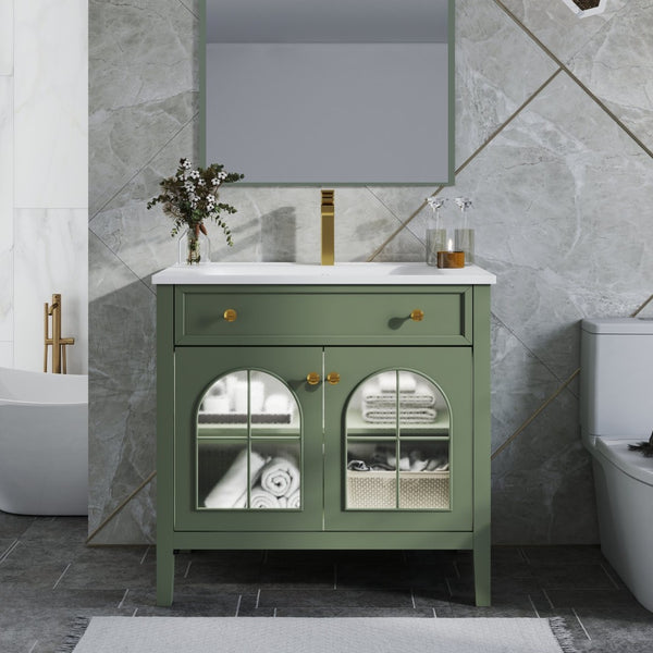 English Elm 35.6" Freestanding Bathroom Vanity with Roman Column Base and Ceramic Integrated Sink Green W1801S00014