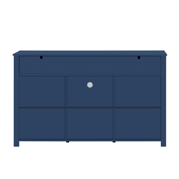 English Elm U_style Industrial Sideboard with Sliding Barn Doors Iron Mesh Panels and Three Drawers Navy Blue N711P347384V