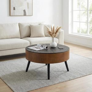 English Elm 31.5-inch Round Carved Wood Coffee Table Vintage Distressed Finish Living Room Accent W3935P406036