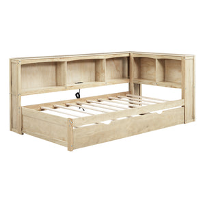 English Elm Twin Size Daybed with Trundle, Built-In Storage Cabinets, Curved Details and Dual USB Ports for Small Spaces Wood GX000353AAD