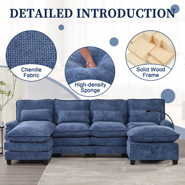 English Elm United U-Shape Sectional Sofa 106" - Modern Chenille Couch With Usb Ports, Storage Ottoman & Pillows W1568S00233-GIGA