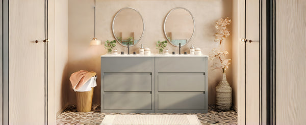 English Elm Christopher Knight Home® - 60" Double Sinks Bathroom Vanity Set with Two Ceramic Basins, Soft-Close Drawers, Sleek Handle-Free Design Gray N817P280550G
