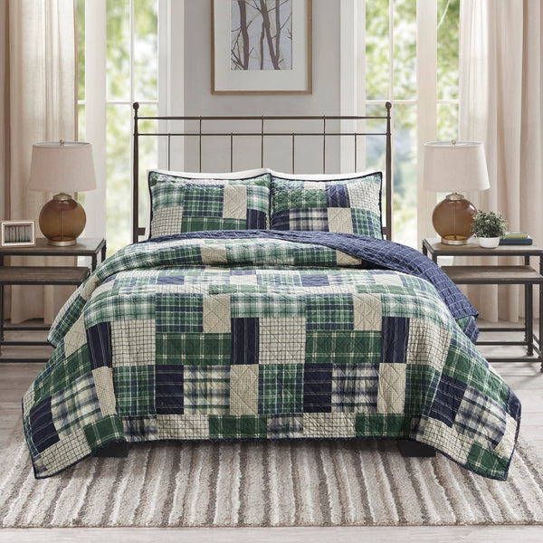 English Elm 3 Madison Park Timber Reversible Quilt Set Full/Queen – Green Navy Patchwork Lodge Style, Soft Cotton-Rich Fill, Machine Washable B03597591