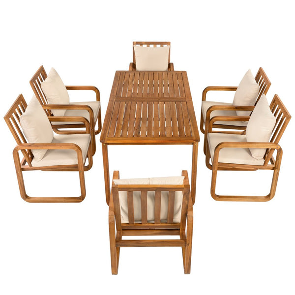English Elm Outdoor Acacia Wood Dining Set Seats Six with Cushioned Armrest Chairs for Patio Natural Wood+Brown N719Z000200D