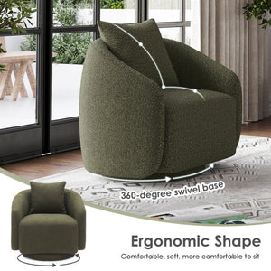 English Elm Swivel Barrel Armchair in Teddy Fabric with Lumbar Pillow and Solid Wood Legs Green T3623P430704