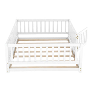 English Elm Full Size Pine Montessori Floor Bed with Fence & Removable Door, Sturdy Kids Bed White Playhouse W1820P349301