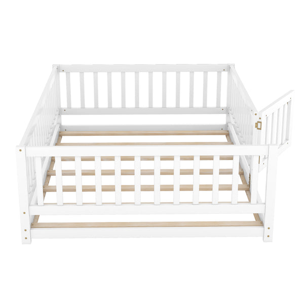 English Elm Full Size Pine Montessori Floor Bed with Fence & Removable Door, Sturdy Kids Bed White Playhouse W1820P349301