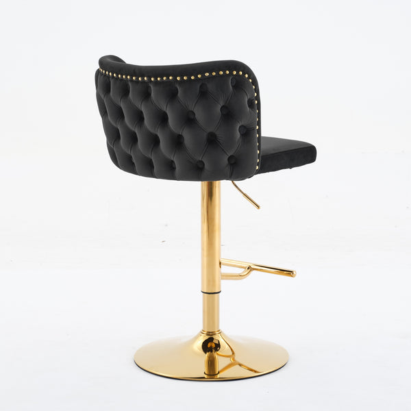 English Elm A&A Luxe Velvet Swivel Barstool with Gold-Plated 17.7" Base, Tufted Back, Ergonomic Waist Support Black W1143P204044