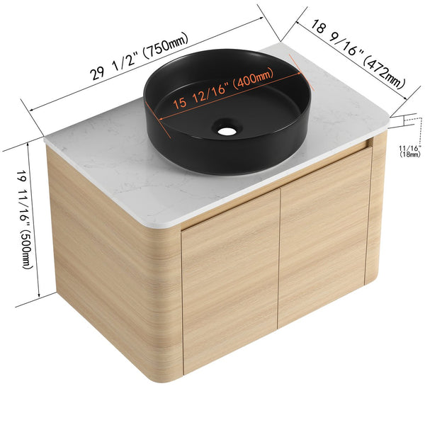 English Elm 30'' Wall-Mounted Bathroom Vanity With Ceramic Art Sink, Soft-Close Doors & Space-Saving Design W999S00463