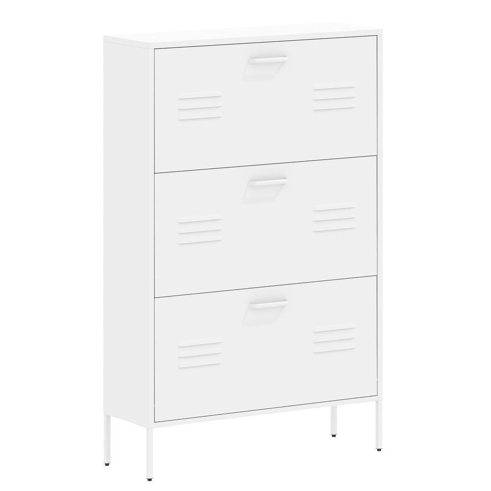 English Elm Shoe 3-Flip Drawer Storage Cabinet with Metal Frame — Freestanding Organizer for Entryway, White T2398P290422