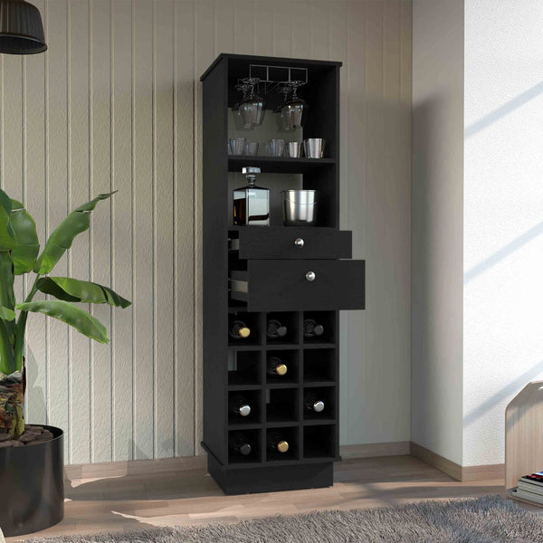 English Elm Classic Matte Black Bar Cabinet with Twelve Bottle Wine Rack and Two Storage Drawers B20091835