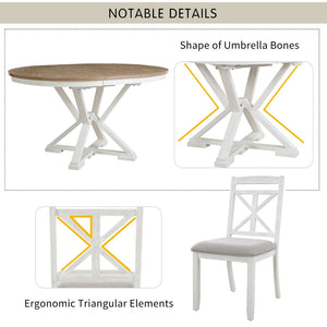 English Elm Trexm Retro Extendable Round Dining Set with Four Linen Upholstered Chairs Rubberwood Brown + Antique White ST000141AAD-2026