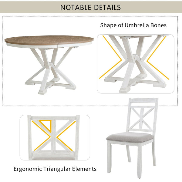 English Elm Trexm Retro Extendable Round Dining Set with Four Linen Upholstered Chairs Rubberwood Brown + Antique White ST000141AAD-2026