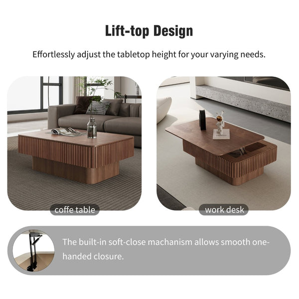 English Elm 38.6'' Fluted Walnut Lift-top Coffee Table with Hidden Storage for Modern Living W1435P380337