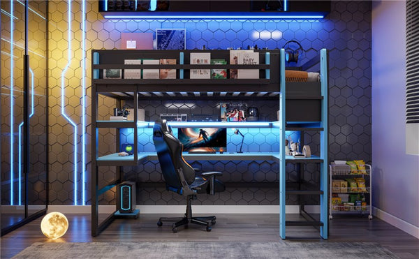English Elm Twin Loft Bed with Rgb Lighting Usb Ports Wraparound Shelves and Gaming Desk Blue LT000298AAC