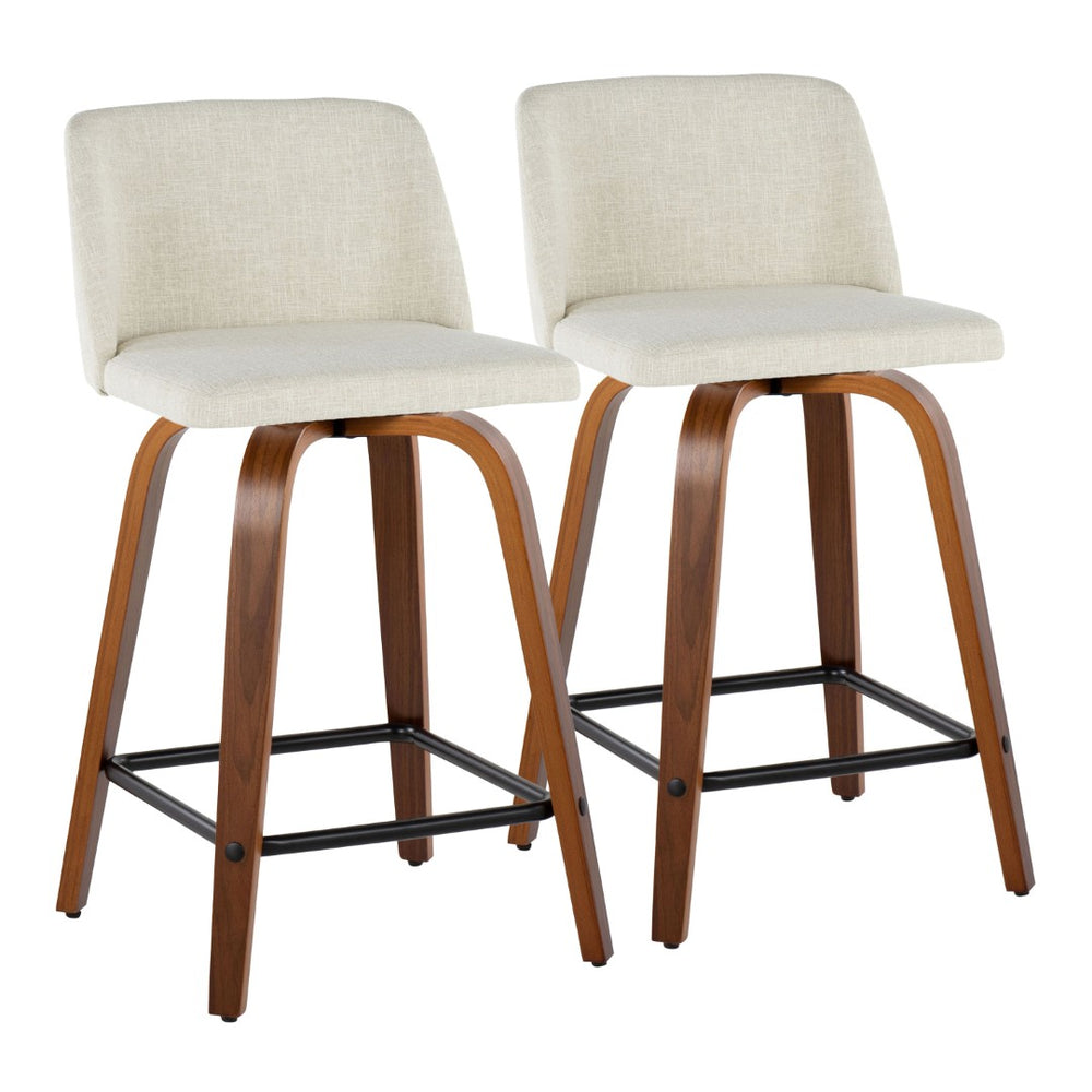 English Elm Toriano Mid-Century Modern Counter Stool Set Of 2 - Cream Upholstered With Walnut Legs & Swivel Design B202S00108-GIGA