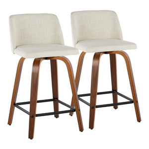 English Elm Toriano Mid-Century Modern Counter Stool Set Of 2 - Cream Upholstered With Walnut Legs & Swivel Design B202S00108-GIGA