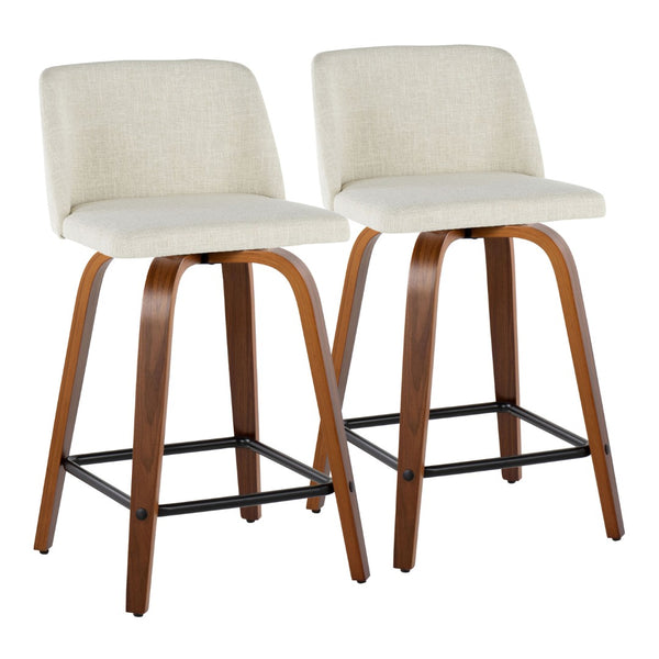 English Elm Toriano Mid-Century Modern Counter Stool Set Of 2 - Cream Upholstered With Walnut Legs & Swivel Design B202S00108-GIGA