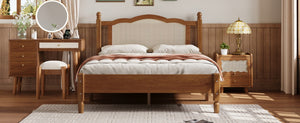 English Elm Full Size Walnut Platform Bed with Arched Rattan Headboard for Coastal Bohemian Rooms N733P180014D