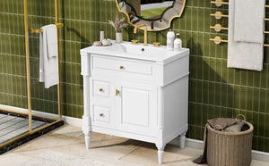 English Elm 30" Freestanding Bathroom Vanity Rubberwood Frame Ceramic Sink Flip Drawer Storage White N725P356062K