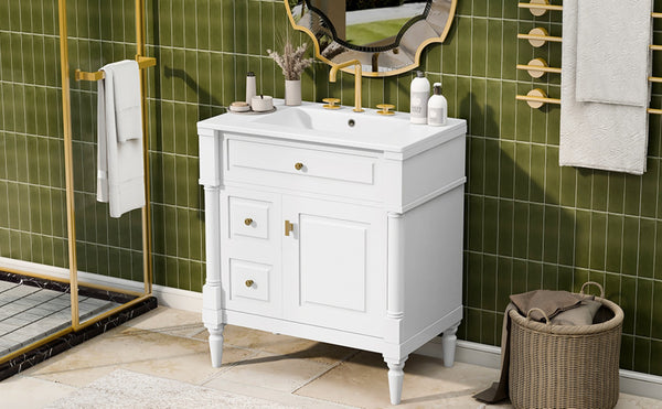 English Elm 30" Freestanding Bathroom Vanity Rubberwood Frame Ceramic Sink Flip Drawer Storage White N725P356062K